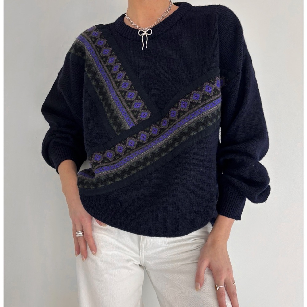 Vintage 90s retro printed oversized wool blend knit crew sweater